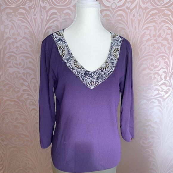 Sweater, EUC, beaded neckline, deep rich purple, 3/4 sleeve, sz Med - Picture 1 of 15